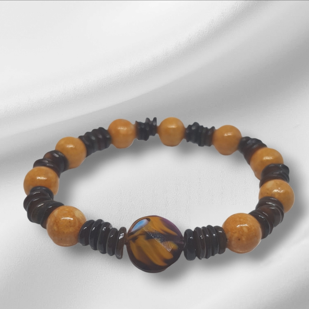 Topaz Marble Bead/Gold Ceramic Beaded Bracelet